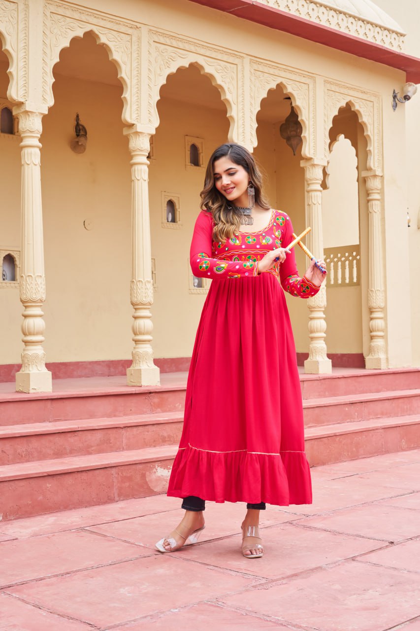 Pink Reyon Kurti with Kutchi Gamthi Work ClothsVilla