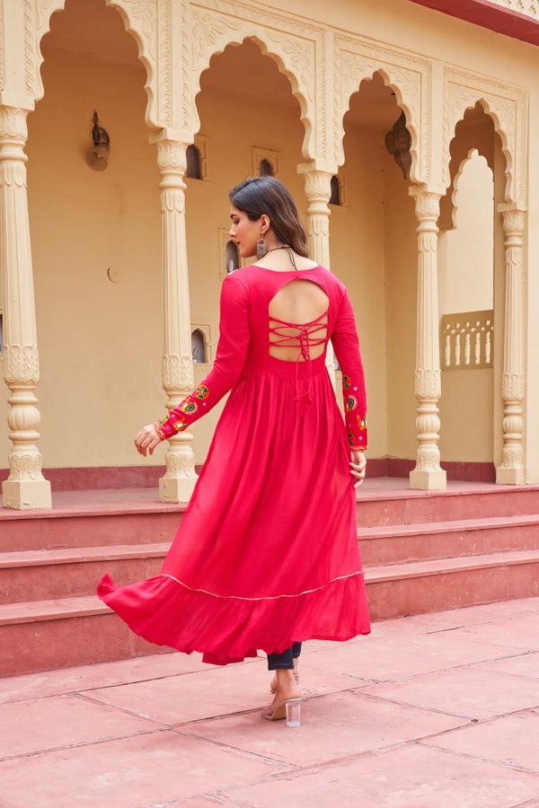 Pink Reyon Kurti with Kutchi Gamthi Work ClothsVilla