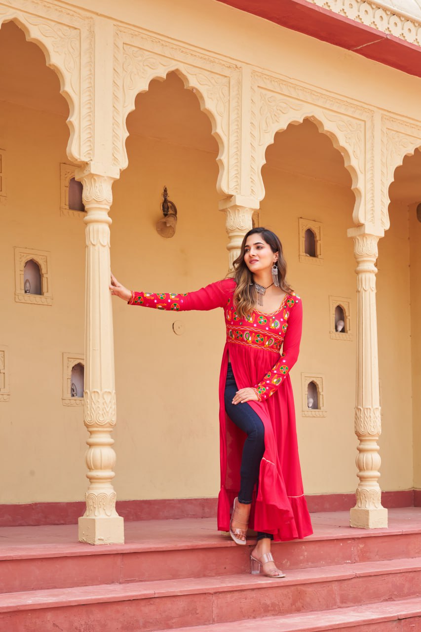 Pink Reyon Kurti with Kutchi Gamthi Work ClothsVilla
