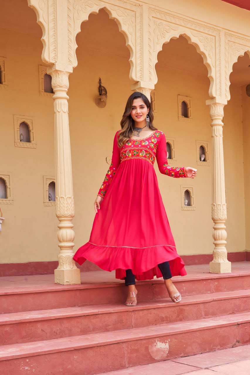 Pink Reyon Kurti with Kutchi Gamthi Work ClothsVilla