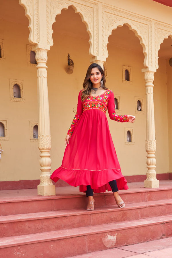 Pink Reyon Kurti with Kutchi Gamthi Work ClothsVilla