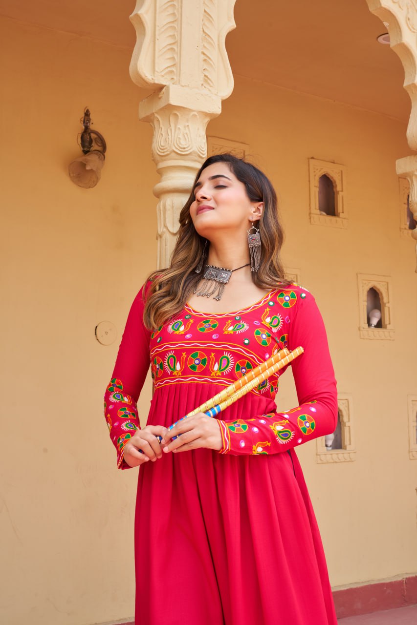 Pink Reyon Kurti with Kutchi Gamthi Work ClothsVilla