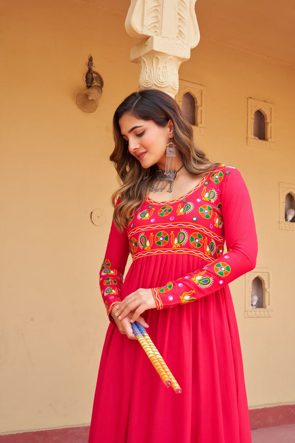 Pink Reyon Kurti with Kutchi Gamthi Work ClothsVilla