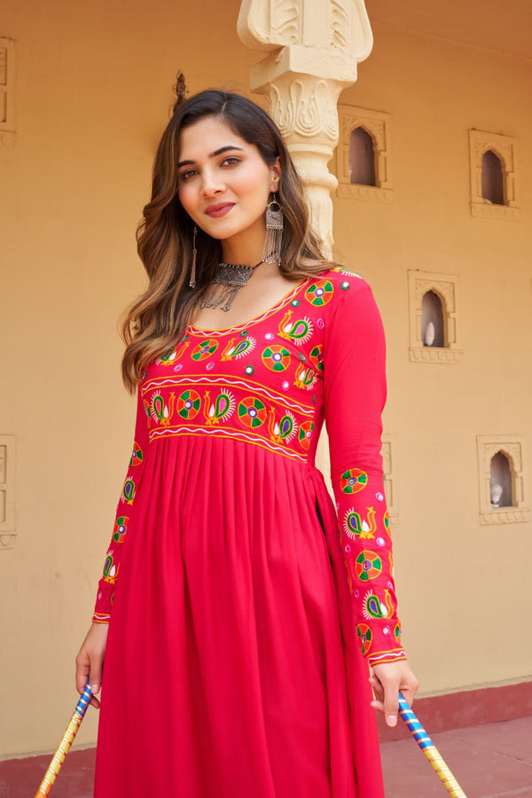 Pink Reyon Kurti with Kutchi Gamthi Work ClothsVilla