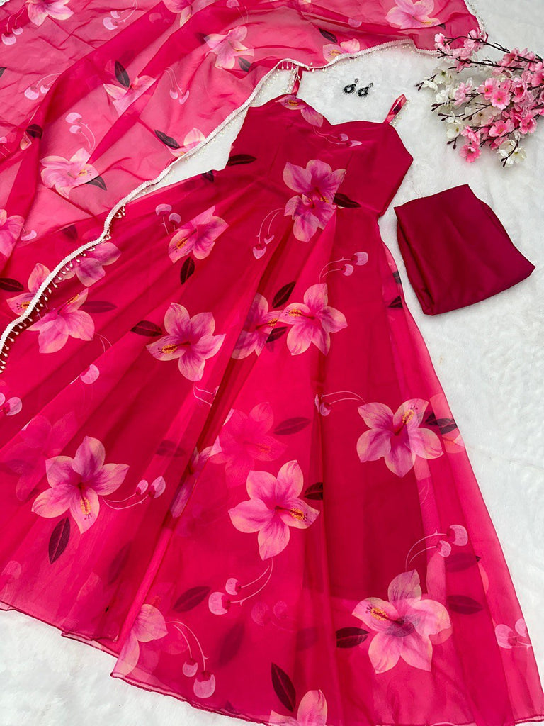 Pink Ri8 Fashion Exclusive Digital Print Organza Silk Anarkali Suit ClothsVilla