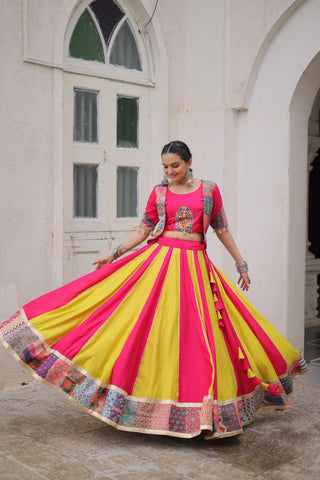 Pink Roman Maslin Crochet Print Lehenga with Koti Style Embroidered Top ClothsVilla