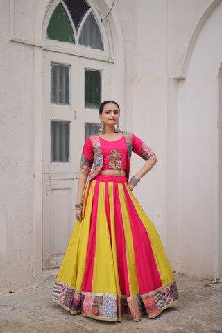 Pink Roman Maslin Crochet Print Lehenga with Koti Style Embroidered Top ClothsVilla