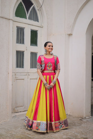 Pink Roman Maslin Crochet Print Lehenga with Koti Style Embroidered Top ClothsVilla