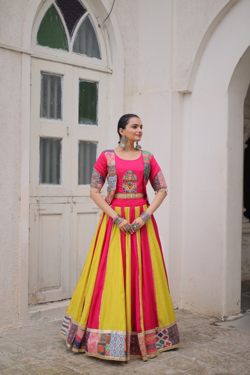 Pink Roman Maslin Crochet Print Lehenga with Koti Style Embroidered Top ClothsVilla
