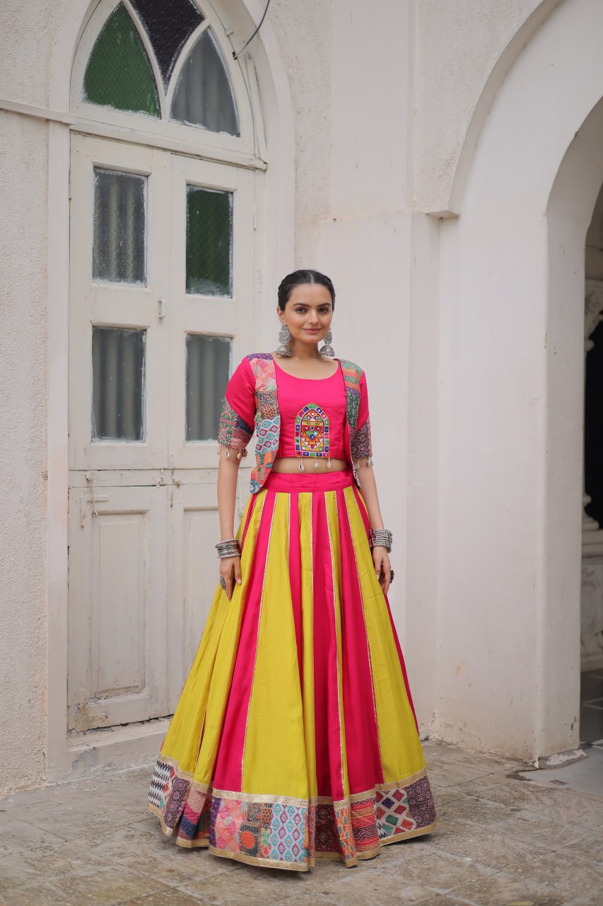 Pink Roman Maslin Crochet Print Lehenga with Koti Style Embroidered Top ClothsVilla