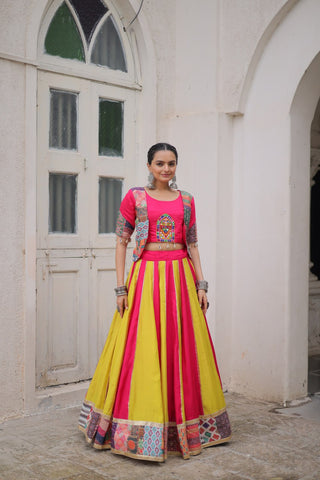 Pink Roman Maslin Crochet Print Lehenga with Koti Style Embroidered Top ClothsVilla