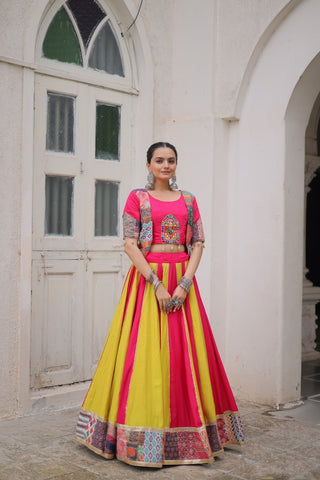 Pink Roman Maslin Crochet Print Lehenga with Koti Style Embroidered Top ClothsVilla