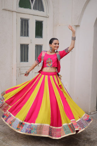 Pink Roman Maslin Crochet Print Lehenga with Koti Style Embroidered Top ClothsVilla
