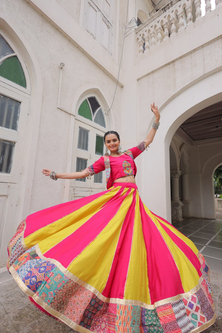 Pink Roman Maslin Crochet Print Lehenga with Koti Style Embroidered Top ClothsVilla