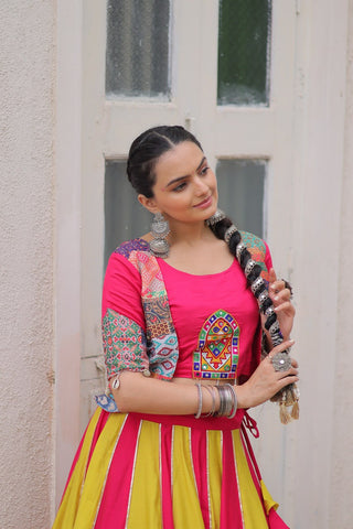 Pink Roman Maslin Crochet Print Lehenga with Koti Style Embroidered Top ClothsVilla