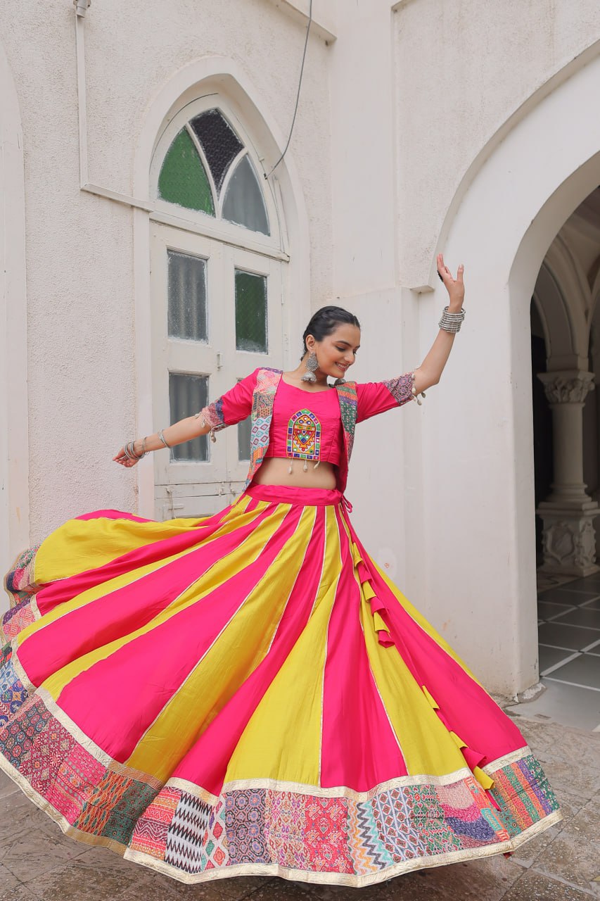 Pink Roman Maslin Crochet Print Lehenga with Koti Style Embroidered Top ClothsVilla