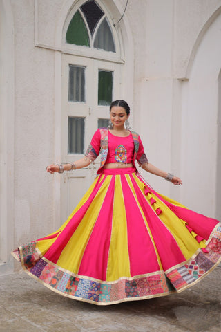 Pink Roman Maslin Crochet Print Lehenga with Koti Style Embroidered Top ClothsVilla