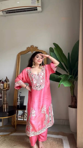 Pink Roman Silk Embroidered Sequin & Mirror Work Top with Matching Pant Set ClothsVilla