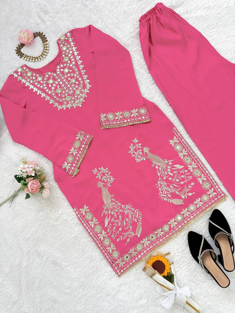 Pink Roman Silk Embroidered Sequin & Mirror Work Top with Matching Pant Set ClothsVilla
