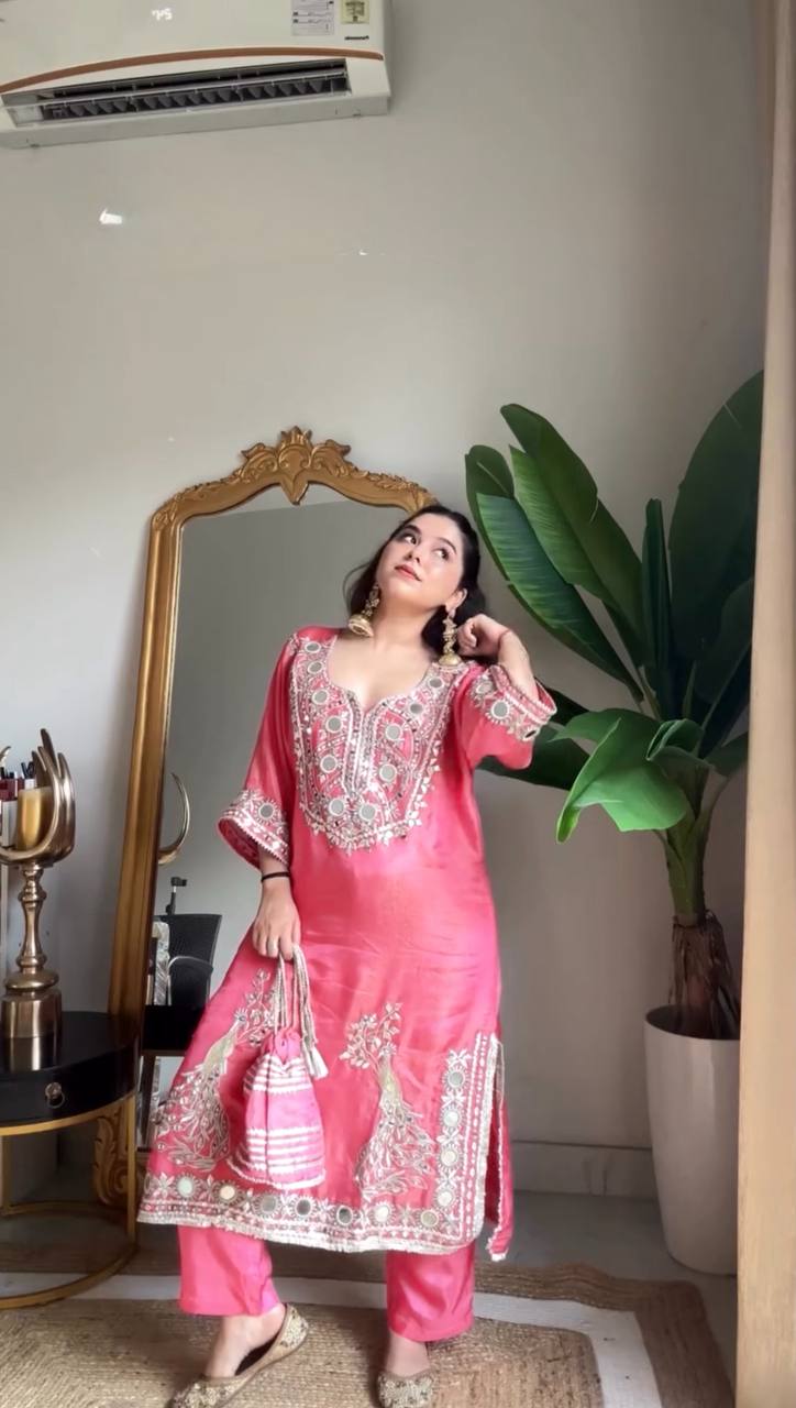 Pink Roman Silk Embroidered Sequin & Mirror Work Top with Matching Pant Set ClothsVilla