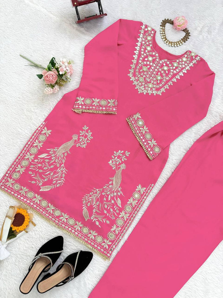 Pink Roman Silk Embroidered Sequin & Mirror Work Top with Matching Pant Set ClothsVilla