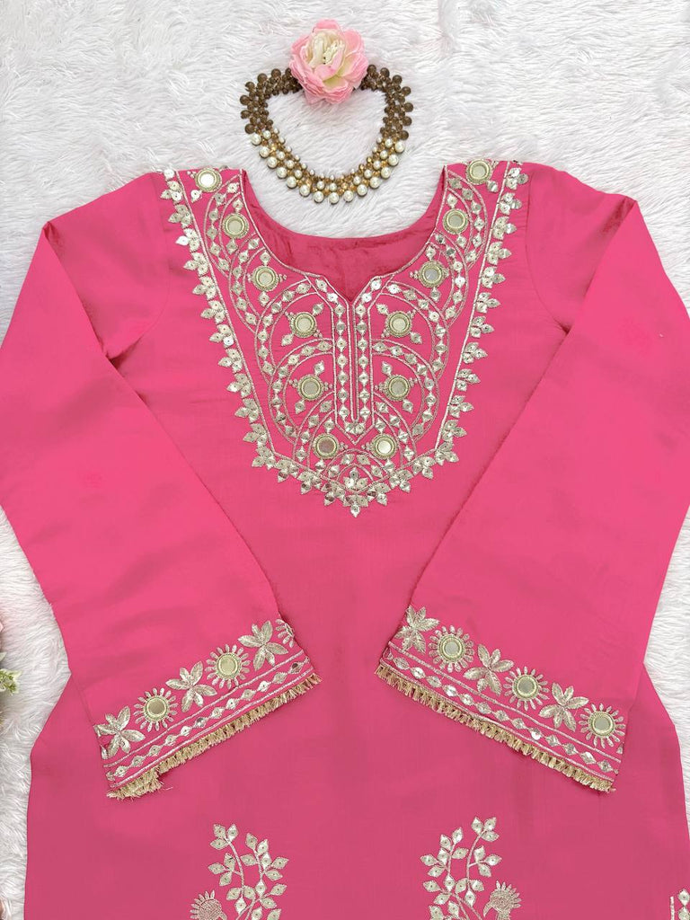 Pink Roman Silk Embroidered Sequin & Mirror Work Top with Matching Pant Set ClothsVilla