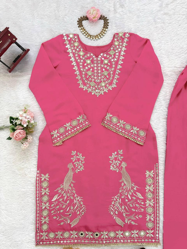 Pink Roman Silk Embroidered Sequin & Mirror Work Top with Matching Pant Set ClothsVilla