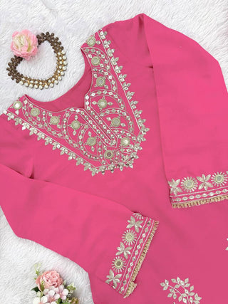 Pink Roman Silk Embroidered Sequin & Mirror Work Top with Matching Pant Set ClothsVilla