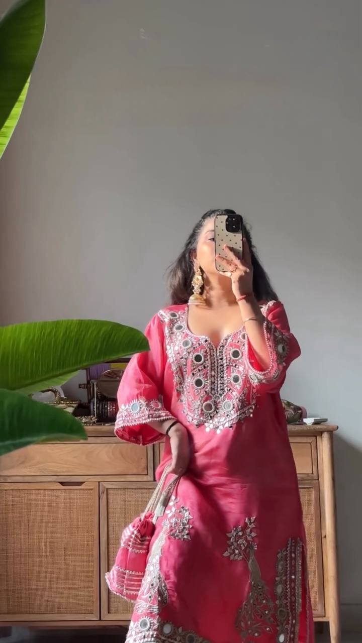 Pink Roman Silk Embroidered Sequin & Mirror Work Top with Matching Pant Set ClothsVilla