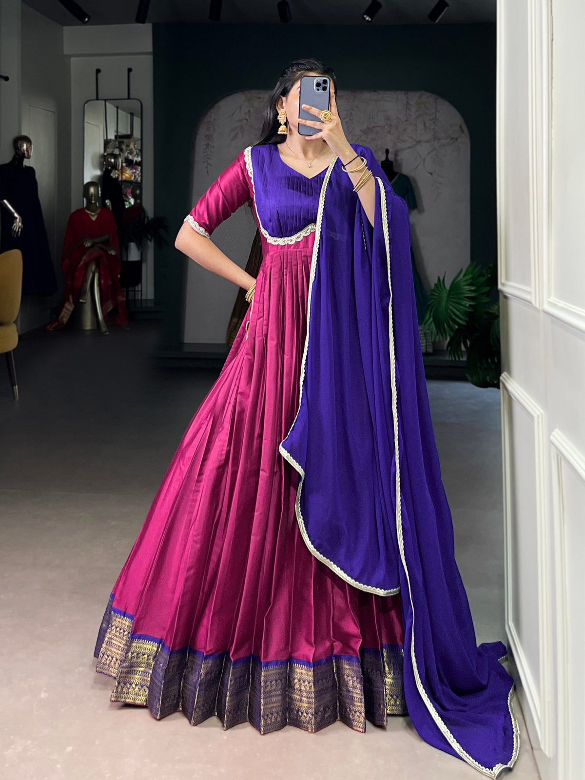 Pink Royal Aura Silk Zari Weaving Gown with Lace Touch & Georgette Dupatta – Stitched Ensemble ClothsVilla Main image