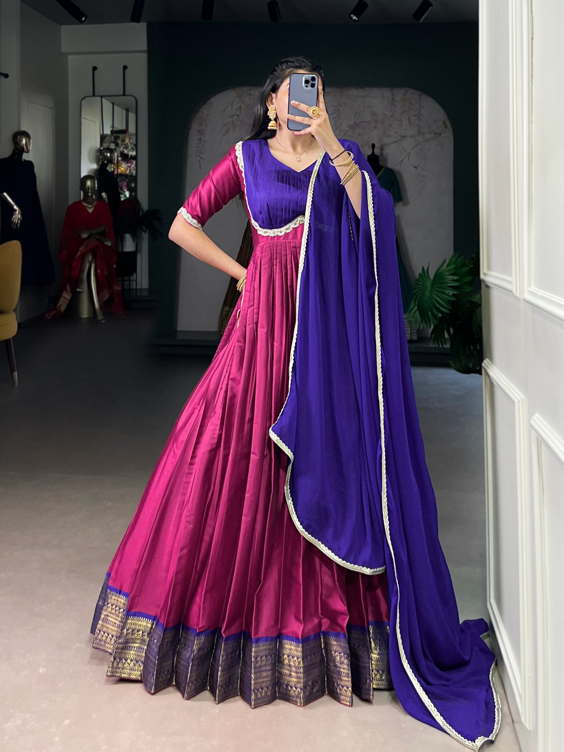 Pink Royal Aura Silk Zari Weaving Gown with Lace Touch & Georgette Dupatta – Stitched Ensemble ClothsVilla Main image