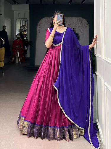 Pink Royal Aura Silk Zari Weaving Gown with Lace Touch & Georgette Dupatta – Stitched Ensemble ClothsVilla