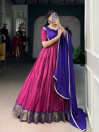 Pink Royal Aura Silk Zari Weaving Gown with Lace Touch & Georgette Dupatta – Stitched Ensemble ClothsVilla
