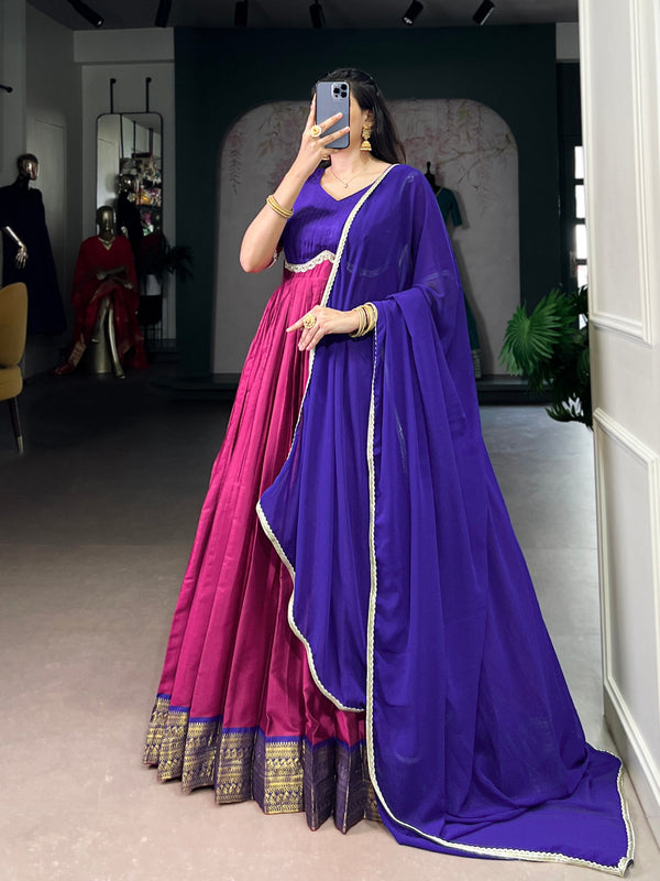 Pink Royal Aura Silk Zari Weaving Gown with Lace Touch & Georgette Dupatta – Stitched Ensemble ClothsVilla