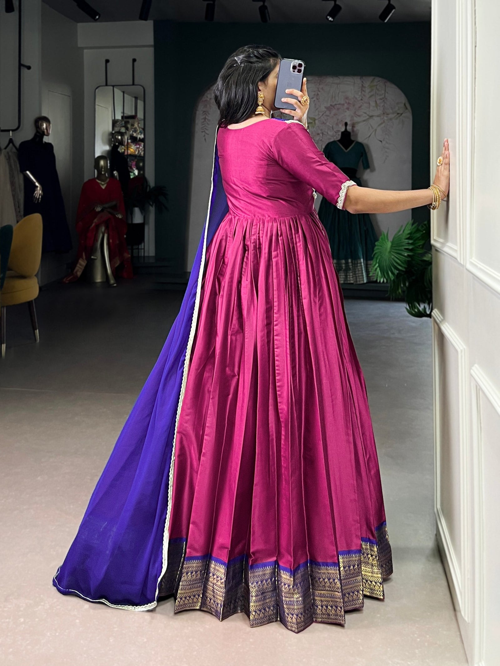 Pink Royal Aura Silk Zari Weaving Gown with Lace Touch & Georgette Dupatta – Stitched Ensemble ClothsVilla
