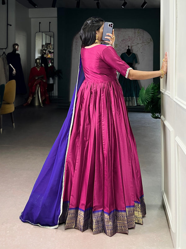 Pink Royal Aura Silk Zari Weaving Gown with Lace Touch & Georgette Dupatta – Stitched Ensemble ClothsVilla