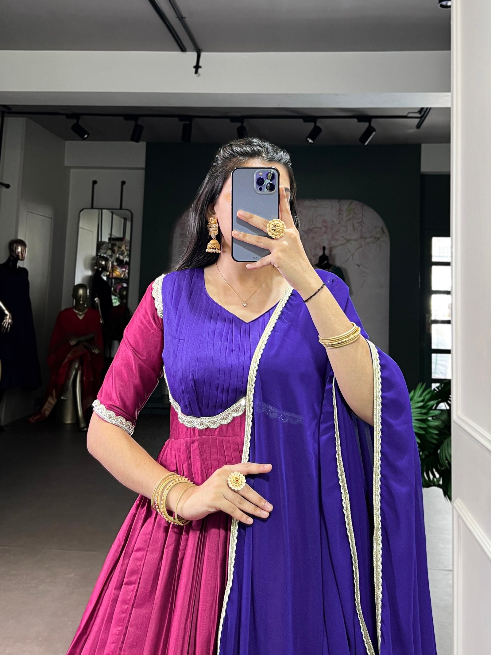 Pink Royal Aura Silk Zari Weaving Gown with Lace Touch & Georgette Dupatta – Stitched Ensemble ClothsVilla