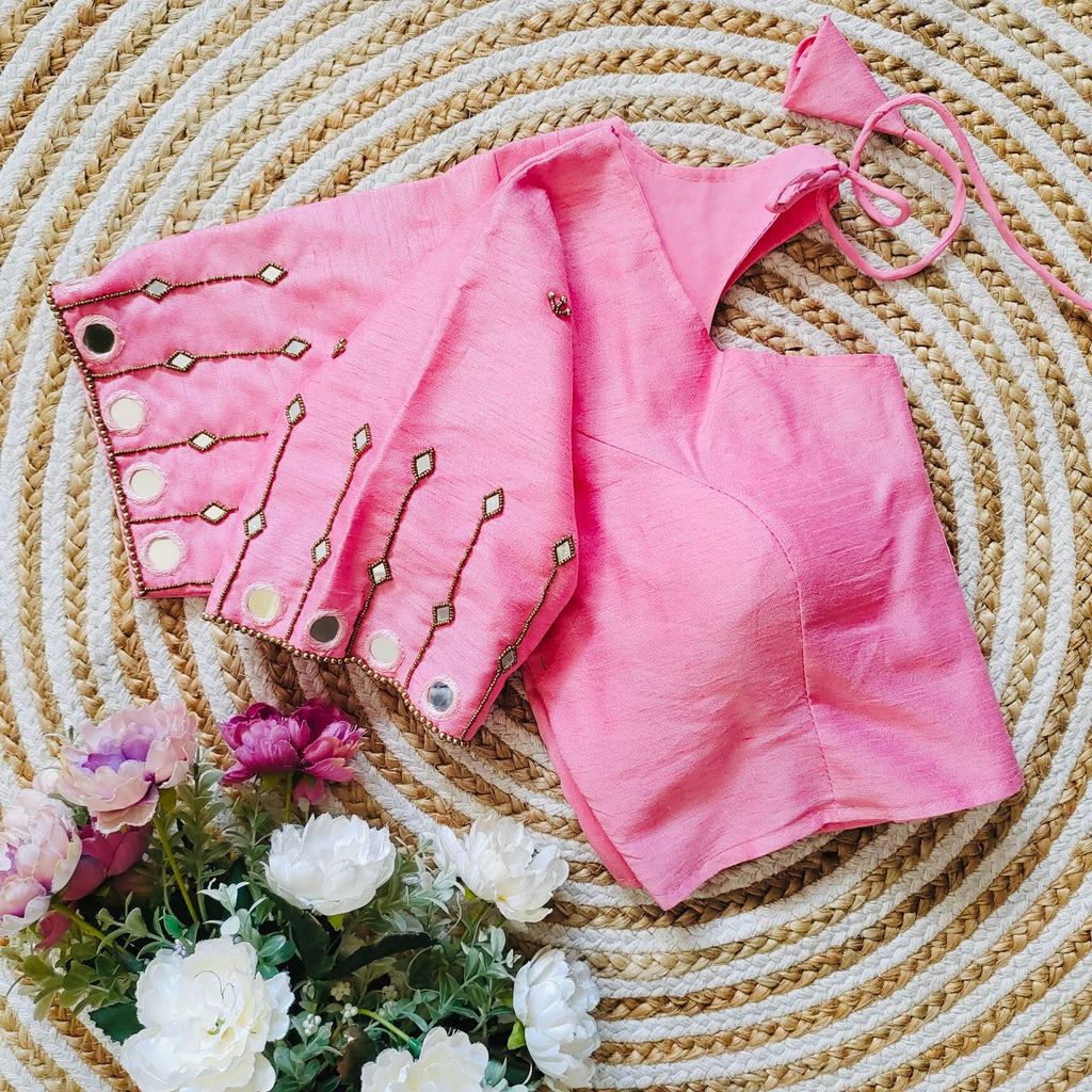 Pink Russian Silk Blouse with Mirror and Pearl Embellishments ClothsVilla