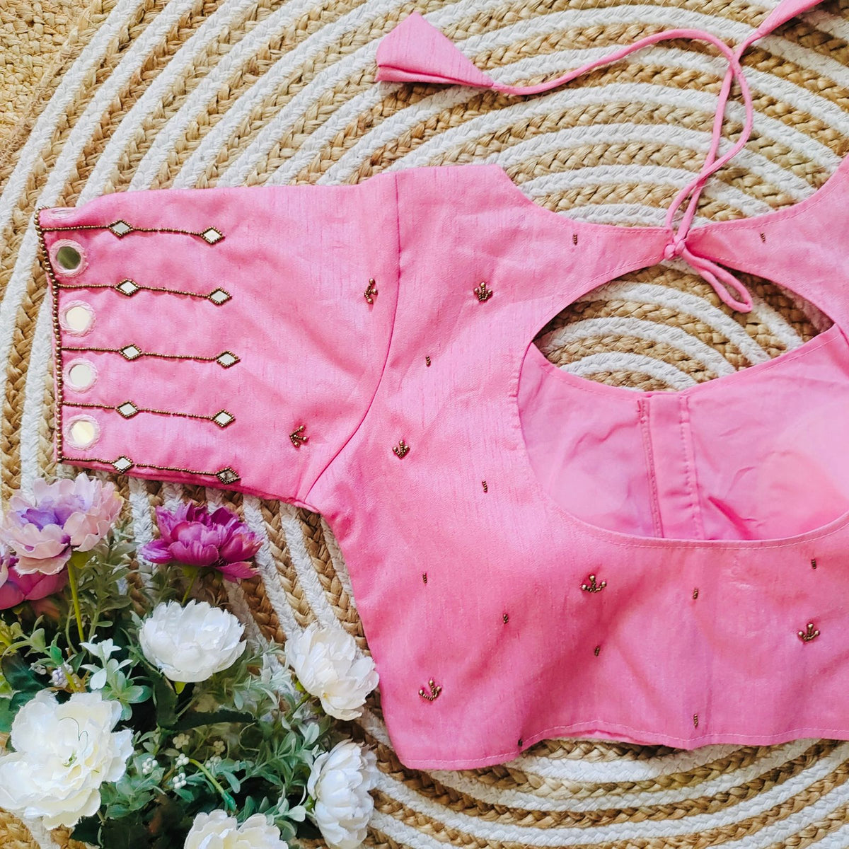 Pink Russian Silk Blouse with Mirror and Pearl Embellishments ClothsVilla