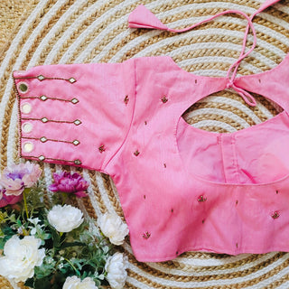 Pink Russian Silk Blouse with Mirror and Pearl Embellishments ClothsVilla