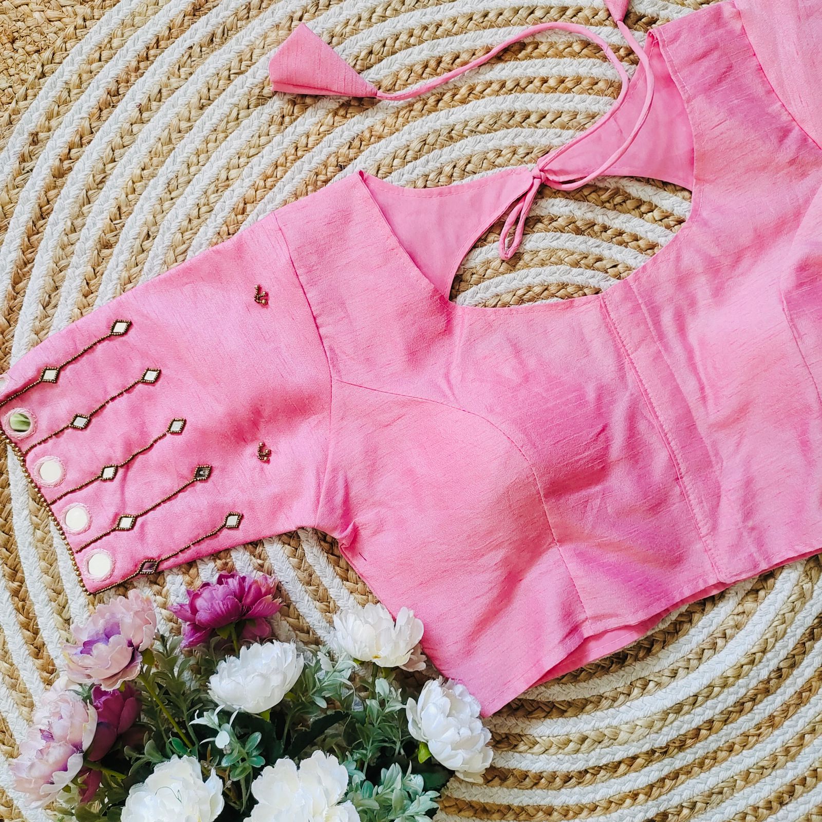 Pink Russian Silk Blouse with Mirror and Pearl Embellishments ClothsVilla Main image