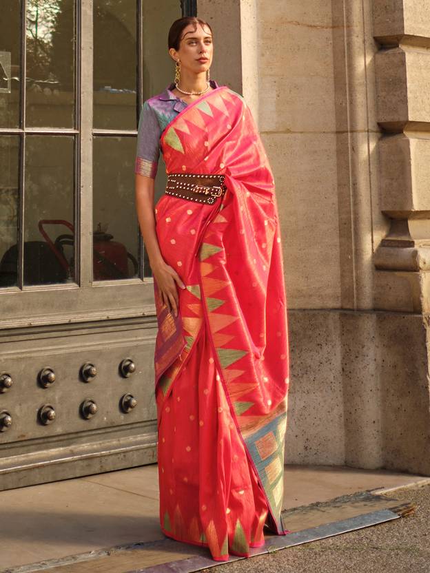 Pink Saree Mall Women's Banarasi Silk Blend Saree with Unstitched Blouse Piece ClothsVilla