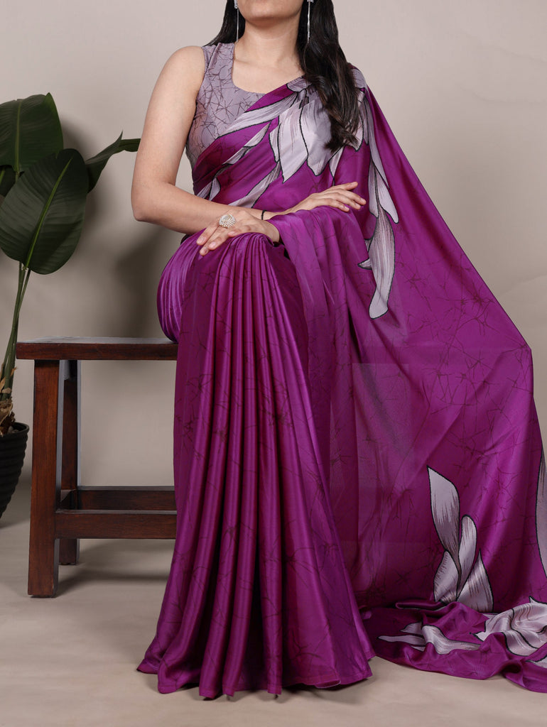 Pink Satin Silk Floral Printed Saree with Matching Unstitched Blouse ClothsVilla