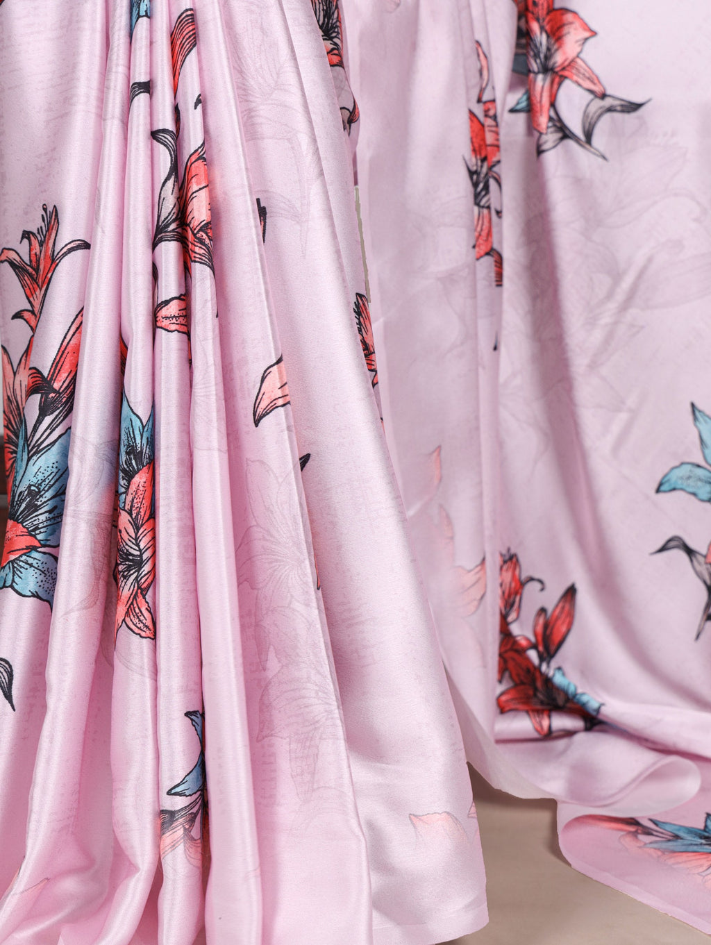 Pink Satin Silk Floral Printed Saree with Natural Silk Blouse Piece ClothsVilla