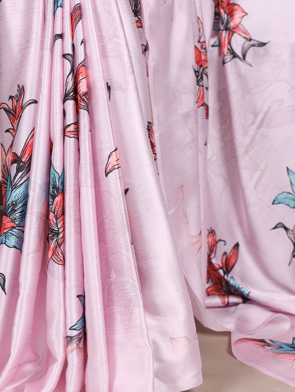 Pink Satin Silk Floral Printed Saree with Natural Silk Blouse Piece ClothsVilla