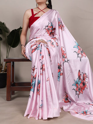Pink Satin Silk Floral Printed Saree with Natural Silk Blouse Piece ClothsVilla