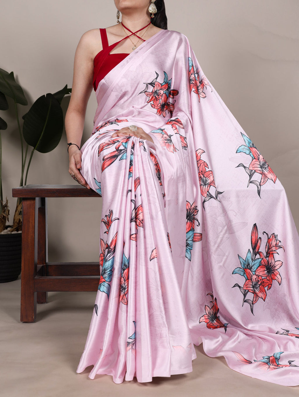 Pink Satin Silk Floral Printed Saree with Natural Silk Blouse Piece ClothsVilla