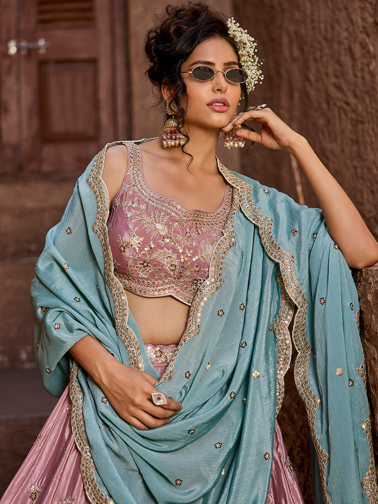 Pink Satin Silk Sequins embroidery Semi-Stitched Lehenga choli & Dupatta Clothsvilla