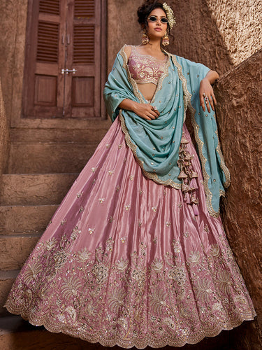 Pink Satin Silk Sequins embroidery Semi-Stitched Lehenga choli & Dupatta Clothsvilla