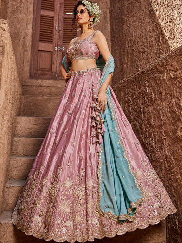 Pink Satin Silk Sequins embroidery Semi-Stitched Lehenga choli & Dupatta Clothsvilla